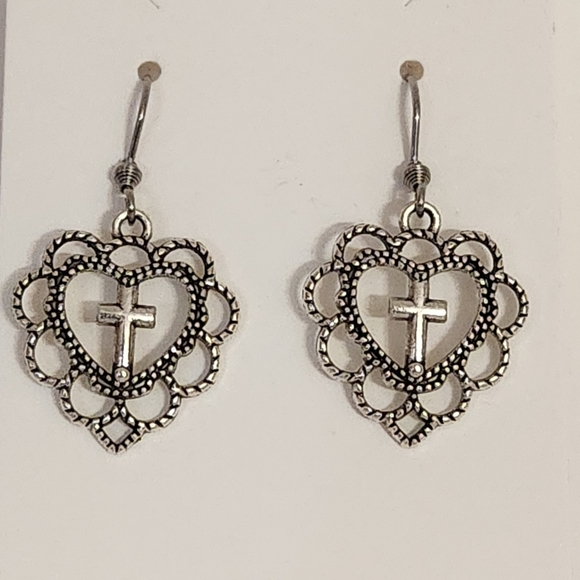 Hand Crafted Pierced Earrings Cross in Filigree Heart Antique Silver - Picture 2 of 8